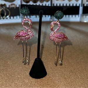 Vintage Rhinestone Pierced Flamingo Earrings